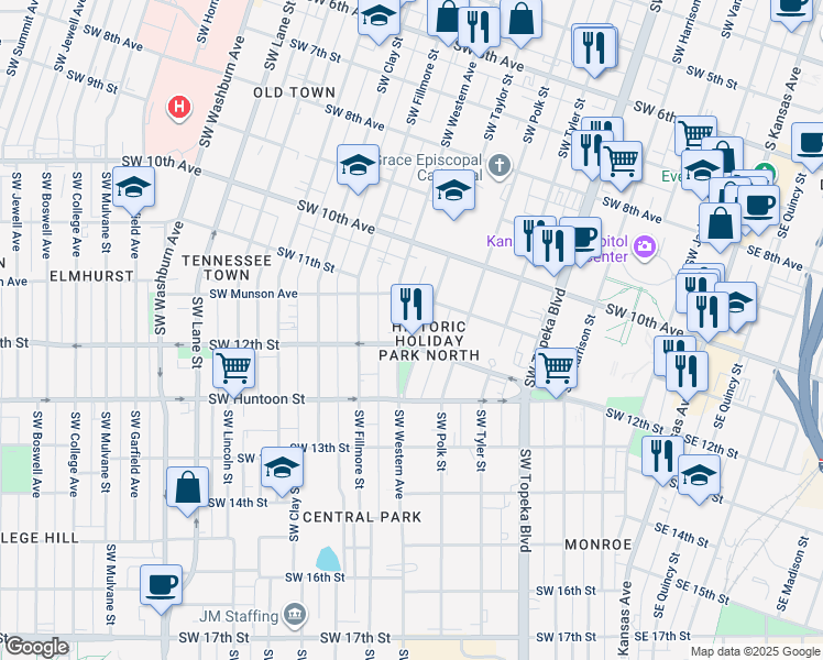 map of restaurants, bars, coffee shops, grocery stores, and more near 1125 Southwest Taylor Street in Topeka