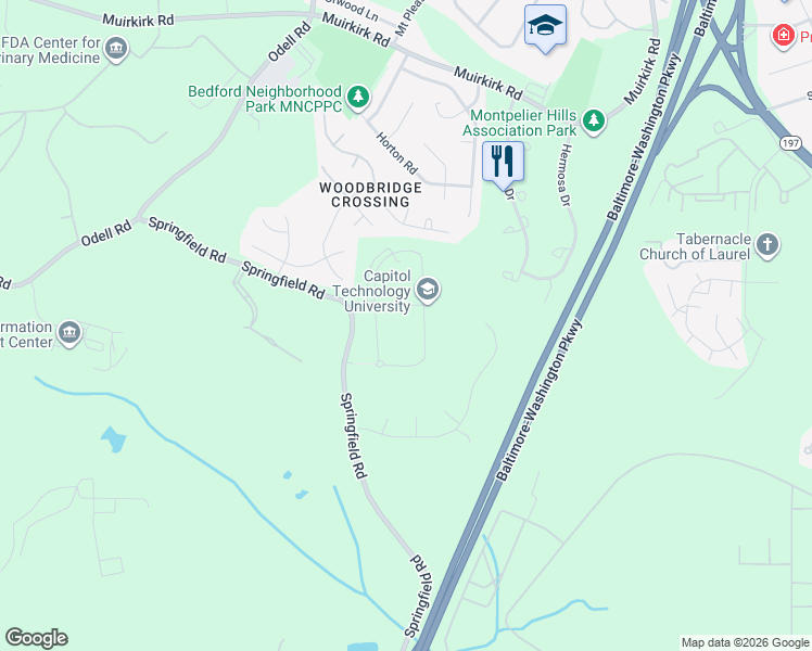 map of restaurants, bars, coffee shops, grocery stores, and more near 11301 Springfield Road in Laurel