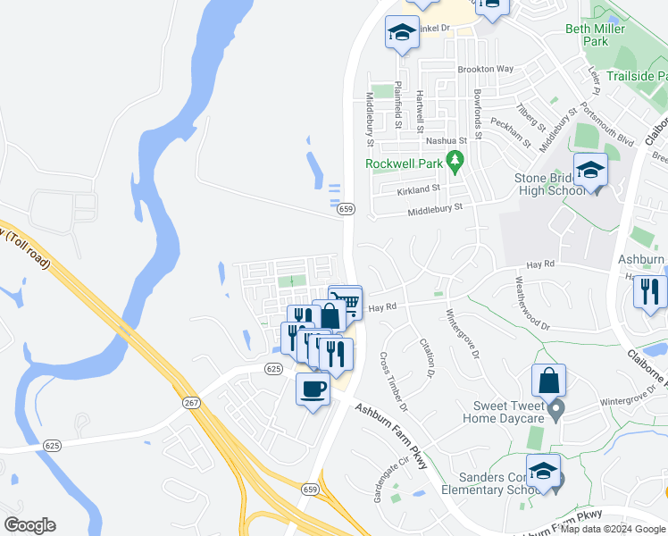 map of restaurants, bars, coffee shops, grocery stores, and more near 4 Burrell Square in Ashburn