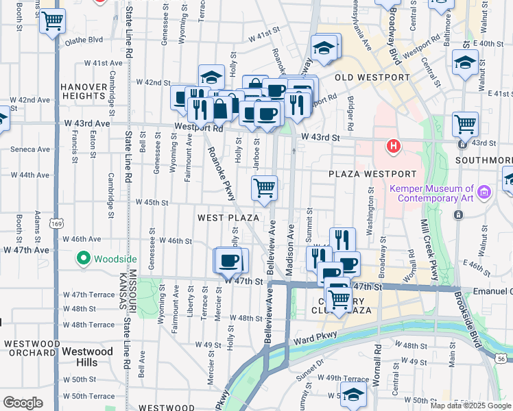 map of restaurants, bars, coffee shops, grocery stores, and more near 4449 Jarboe Street in Kansas City