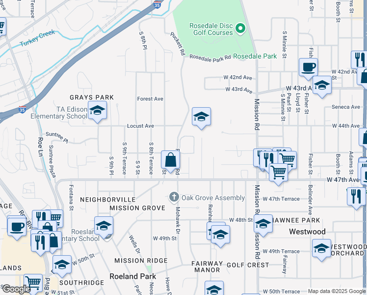 map of restaurants, bars, coffee shops, grocery stores, and more near 3027 Puckett Road in Kansas City