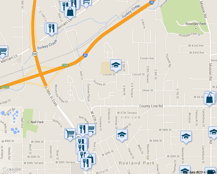 map of restaurants, bars, coffee shops, grocery stores, and more near 1021 Suntree Place in Kansas City