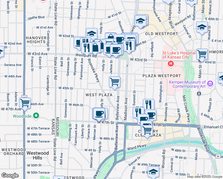 map of restaurants, bars, coffee shops, grocery stores, and more near 1030 West 45th Street in Kansas City