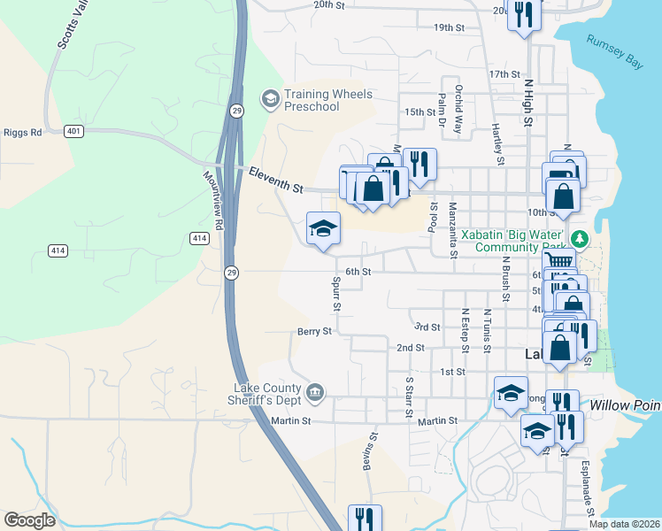 map of restaurants, bars, coffee shops, grocery stores, and more near 1206 6th Street in Lakeport