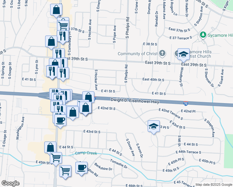 map of restaurants, bars, coffee shops, grocery stores, and more near 14617 East 41st Street South in Independence
