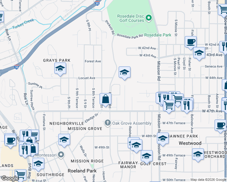 map of restaurants, bars, coffee shops, grocery stores, and more near 3023 Puckett Road in Kansas City