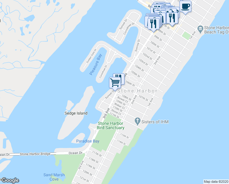 map of restaurants, bars, coffee shops, grocery stores, and more near 10729 3rd Ave in Stone Harbor