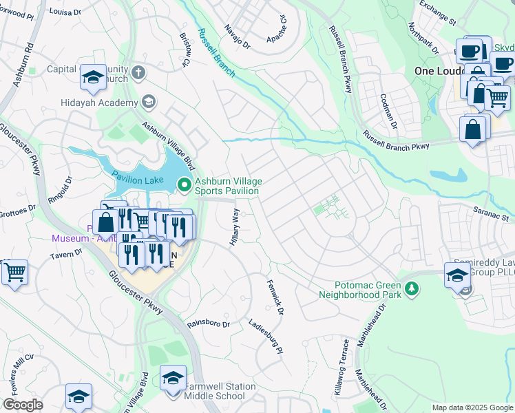 map of restaurants, bars, coffee shops, grocery stores, and more near 20503 Crescent Pointe Place in Ashburn