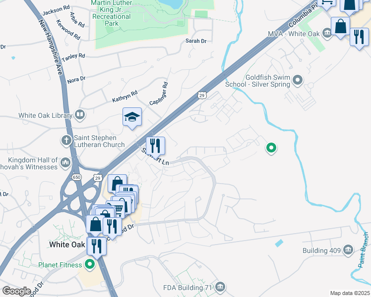 map of restaurants, bars, coffee shops, grocery stores, and more near 1618 White Oak Vista Drive in Silver Spring