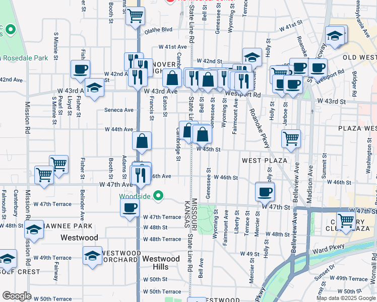 map of restaurants, bars, coffee shops, grocery stores, and more near 4461 Cambridge Street in Kansas City