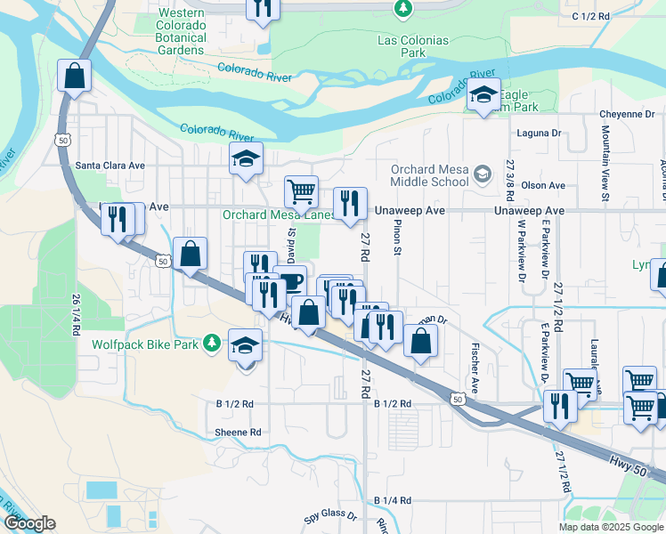 map of restaurants, bars, coffee shops, grocery stores, and more near 2694 Milo Drive in Grand Junction