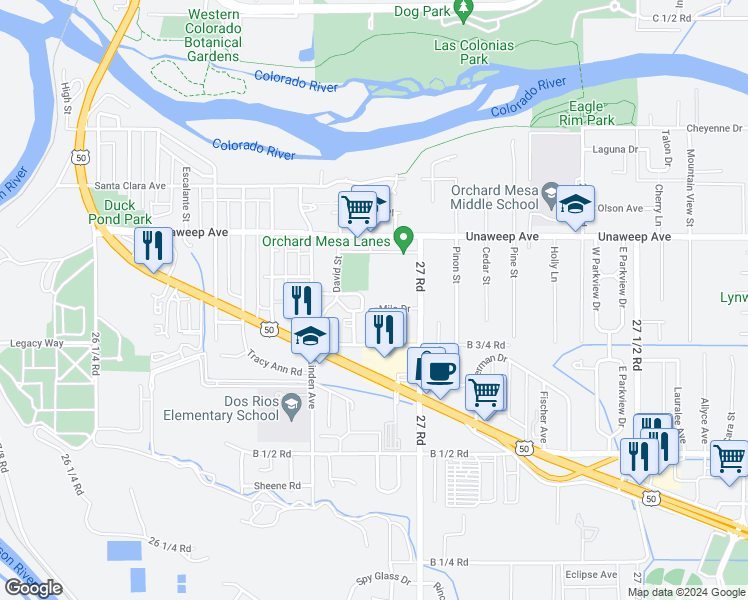 map of restaurants, bars, coffee shops, grocery stores, and more near 2686 Milo Drive in Grand Junction