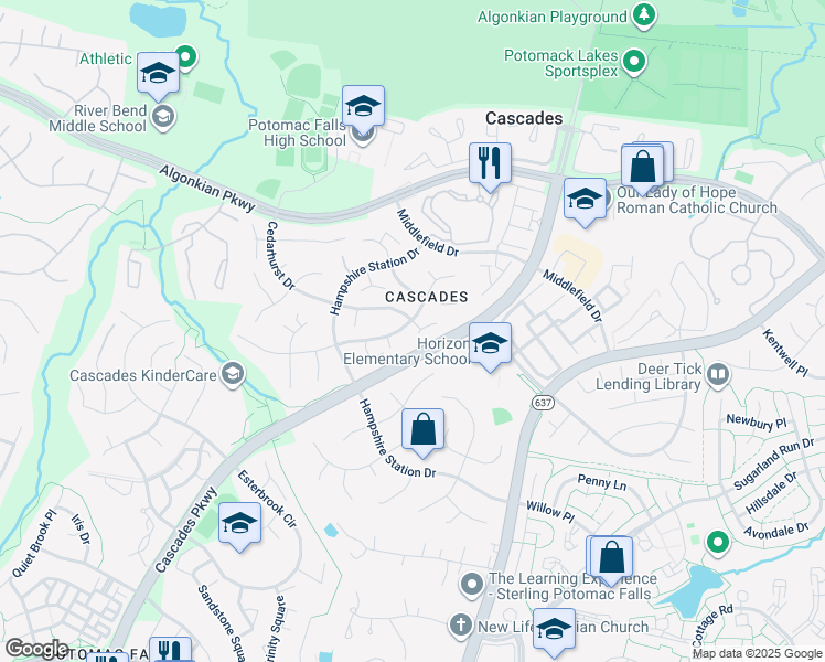 map of restaurants, bars, coffee shops, grocery stores, and more near 46567 Carlyle Court in Sterling