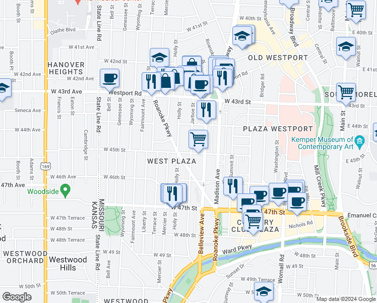 map of restaurants, bars, coffee shops, grocery stores, and more near 4441 Jarboe Street in Kansas City