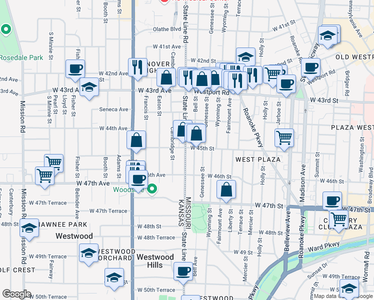 map of restaurants, bars, coffee shops, grocery stores, and more near 1714 West 45th Street in Kansas City