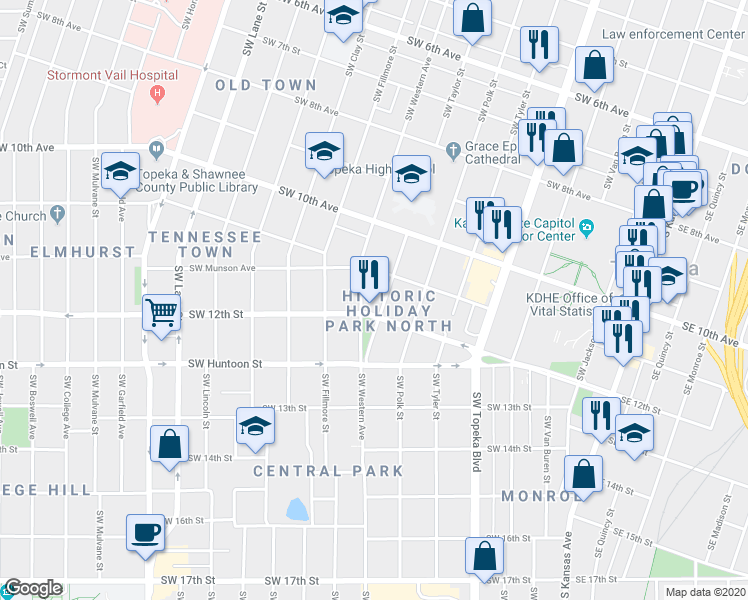 map of restaurants, bars, coffee shops, grocery stores, and more near in Topeka