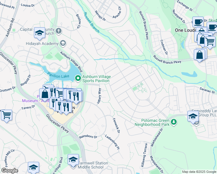 map of restaurants, bars, coffee shops, grocery stores, and more near 20503 Crescent Pointe Place in Ashburn