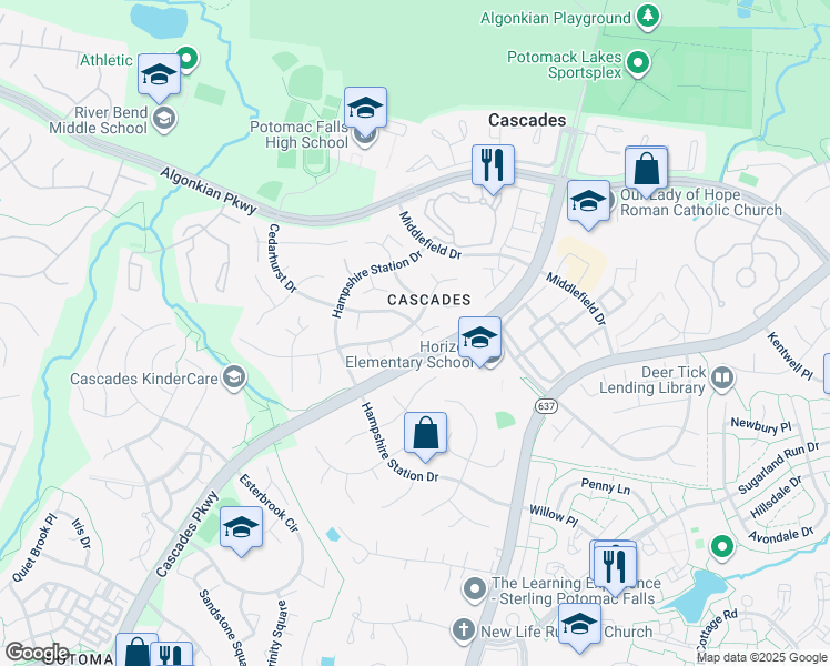 map of restaurants, bars, coffee shops, grocery stores, and more near 46567 Carlyle Court in Sterling