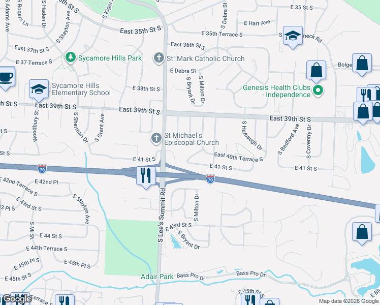 map of restaurants, bars, coffee shops, grocery stores, and more near 4024 Surrey Lane in Independence