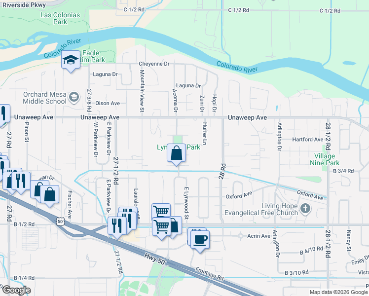 map of restaurants, bars, coffee shops, grocery stores, and more near 2781 Milo Drive in Grand Junction