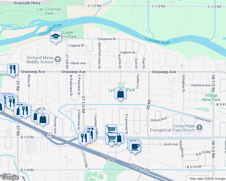 map of restaurants, bars, coffee shops, grocery stores, and more near 2773 Milo Drive in Grand Junction