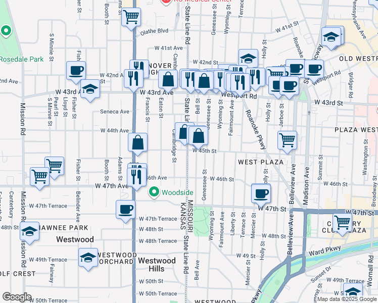 map of restaurants, bars, coffee shops, grocery stores, and more near 1714 West 45th Street in Kansas City