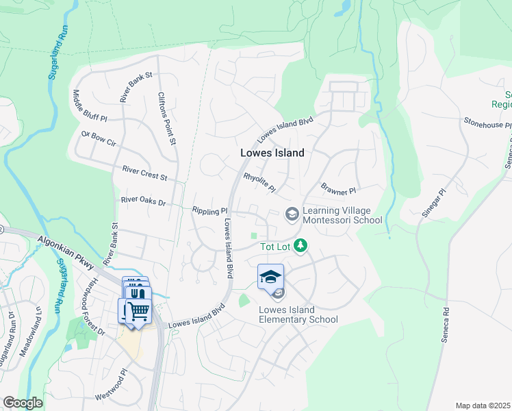 map of restaurants, bars, coffee shops, grocery stores, and more near 20542 Warburton Bay Square in Sterling