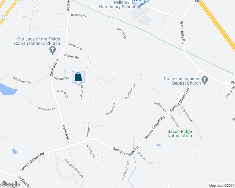 map of restaurants, bars, coffee shops, grocery stores, and more near 1178 Goldfinch Lane in Millersville