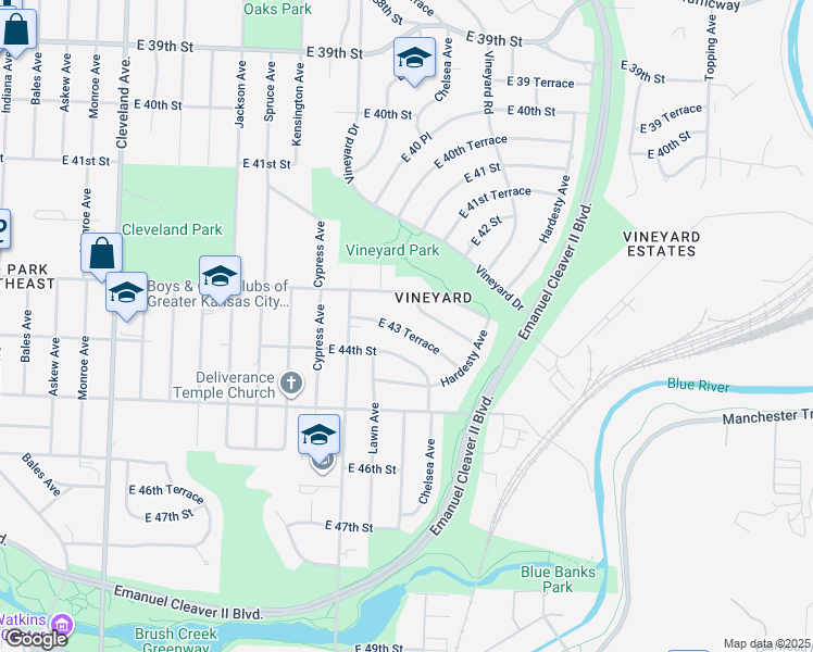 map of restaurants, bars, coffee shops, grocery stores, and more near 4632 East 43 Terrace in Kansas City