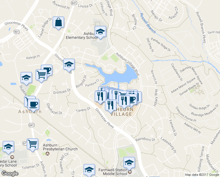 map of restaurants, bars, coffee shops, grocery stores, and more near 20597 Cornstalk Terrace in Ashburn