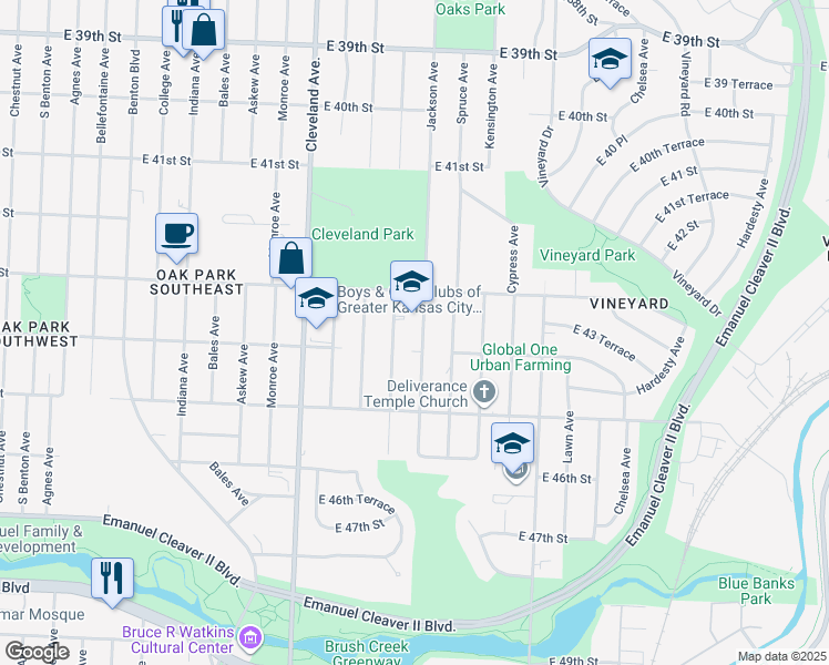 map of restaurants, bars, coffee shops, grocery stores, and more near 4332 Jackson Avenue in Kansas City