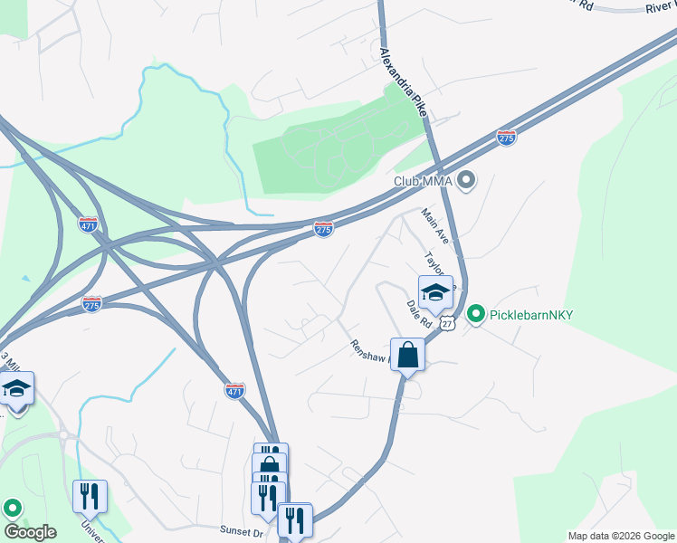 map of restaurants, bars, coffee shops, grocery stores, and more near 16 Louisville Road in Highland Heights