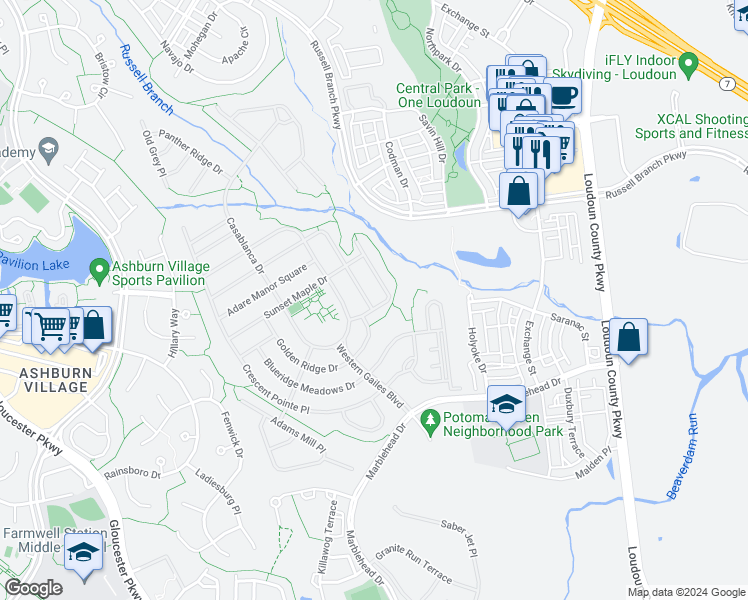 map of restaurants, bars, coffee shops, grocery stores, and more near 44508 Maltese Falcon Square in Ashburn