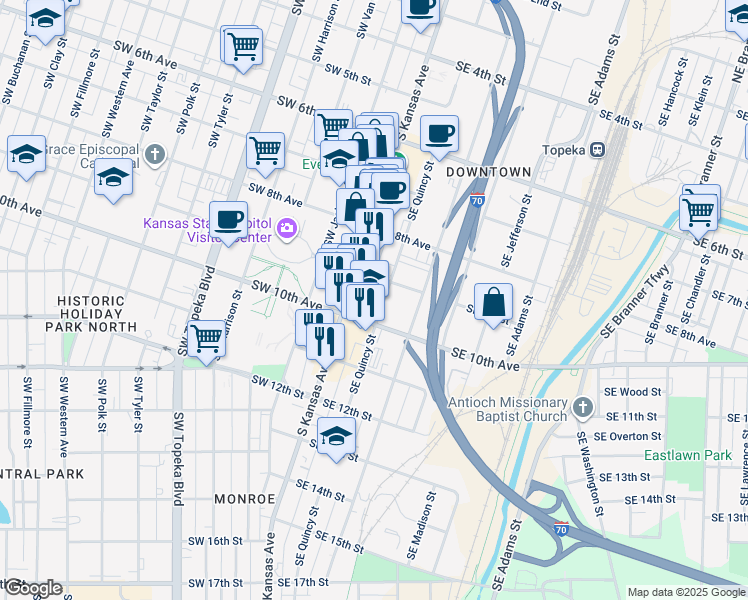 map of restaurants, bars, coffee shops, grocery stores, and more near 917 Southeast Quincy Street in Topeka