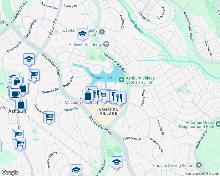 map of restaurants, bars, coffee shops, grocery stores, and more near 20575 Snowshoe Square in Ashburn