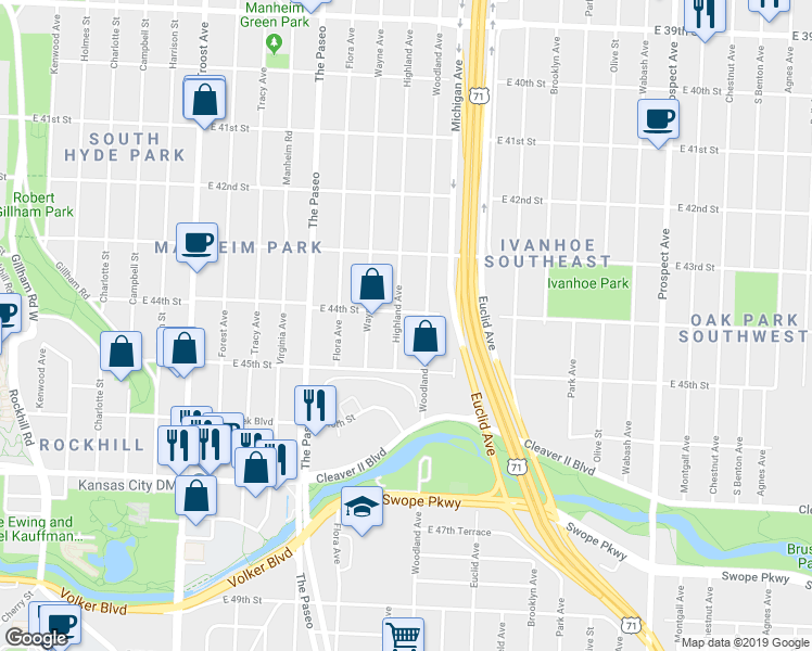 map of restaurants, bars, coffee shops, grocery stores, and more near 4409 Highland Avenue in Kansas City