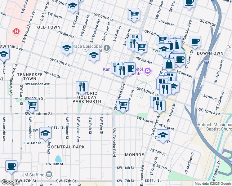 map of restaurants, bars, coffee shops, grocery stores, and more near 1035 Southwest Topeka Boulevard in Topeka
