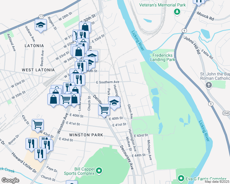 map of restaurants, bars, coffee shops, grocery stores, and more near 3726 Huntington Avenue in Covington