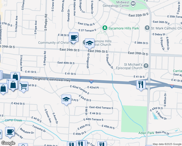 map of restaurants, bars, coffee shops, grocery stores, and more near 4014 Woodbury Street in Independence