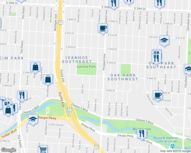 map of restaurants, bars, coffee shops, grocery stores, and more near 4400 Wabash Avenue in Kansas City