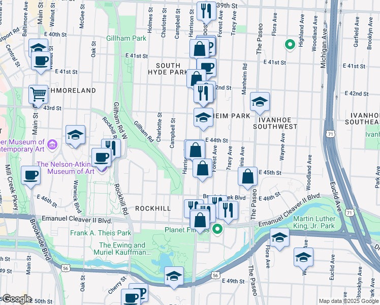 map of restaurants, bars, coffee shops, grocery stores, and more near 4417 Harrison Street in Kansas City