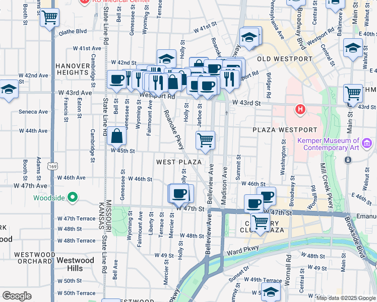 map of restaurants, bars, coffee shops, grocery stores, and more near 1114 West 45th Street in Kansas City