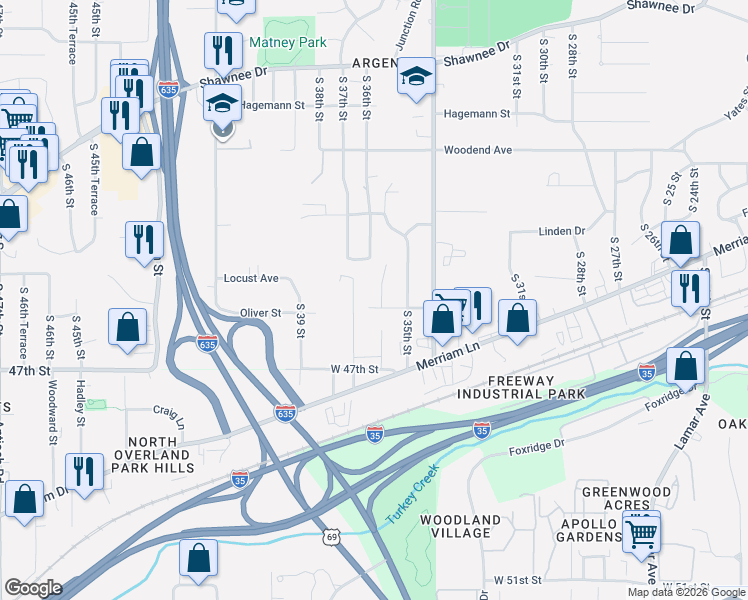 map of restaurants, bars, coffee shops, grocery stores, and more near 3033 South 37th Street in Kansas City