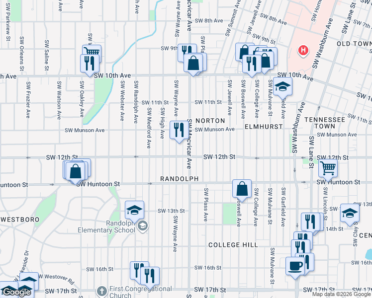 map of restaurants, bars, coffee shops, grocery stores, and more near 1180 Southwest Macvicar Avenue in Topeka