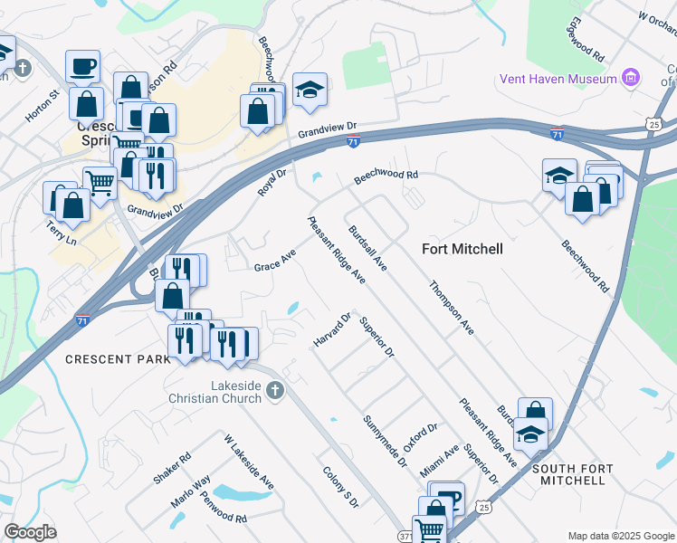 map of restaurants, bars, coffee shops, grocery stores, and more near 135 Pleasant Ridge Avenue in Fort Mitchell