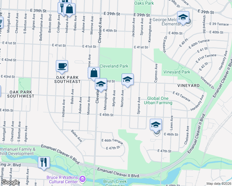 map of restaurants, bars, coffee shops, grocery stores, and more near 4333 Myrtle Avenue in Kansas City