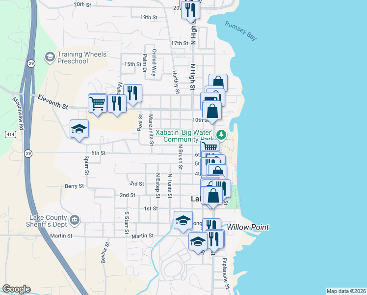 map of restaurants, bars, coffee shops, grocery stores, and more near 690 North Brush Street in Lakeport