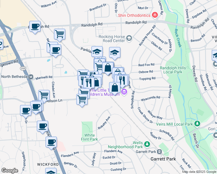 map of restaurants, bars, coffee shops, grocery stores, and more near 4930 Boiling Brook Parkway in Rockville