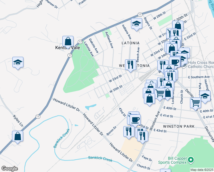 map of restaurants, bars, coffee shops, grocery stores, and more near 3307 Latonia Avenue in Covington