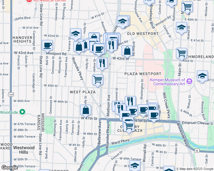 map of restaurants, bars, coffee shops, grocery stores, and more near 4444 Madison Ave in Kansas City